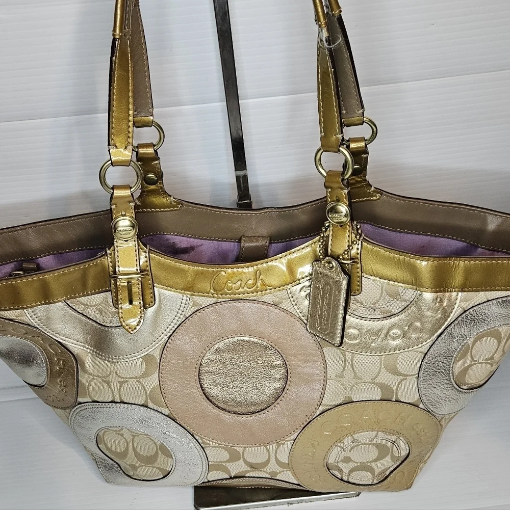 Coach Carly F16180 Vintage Tote – Y2K Metallic Patchwork Logo Canvas Purse, Gold